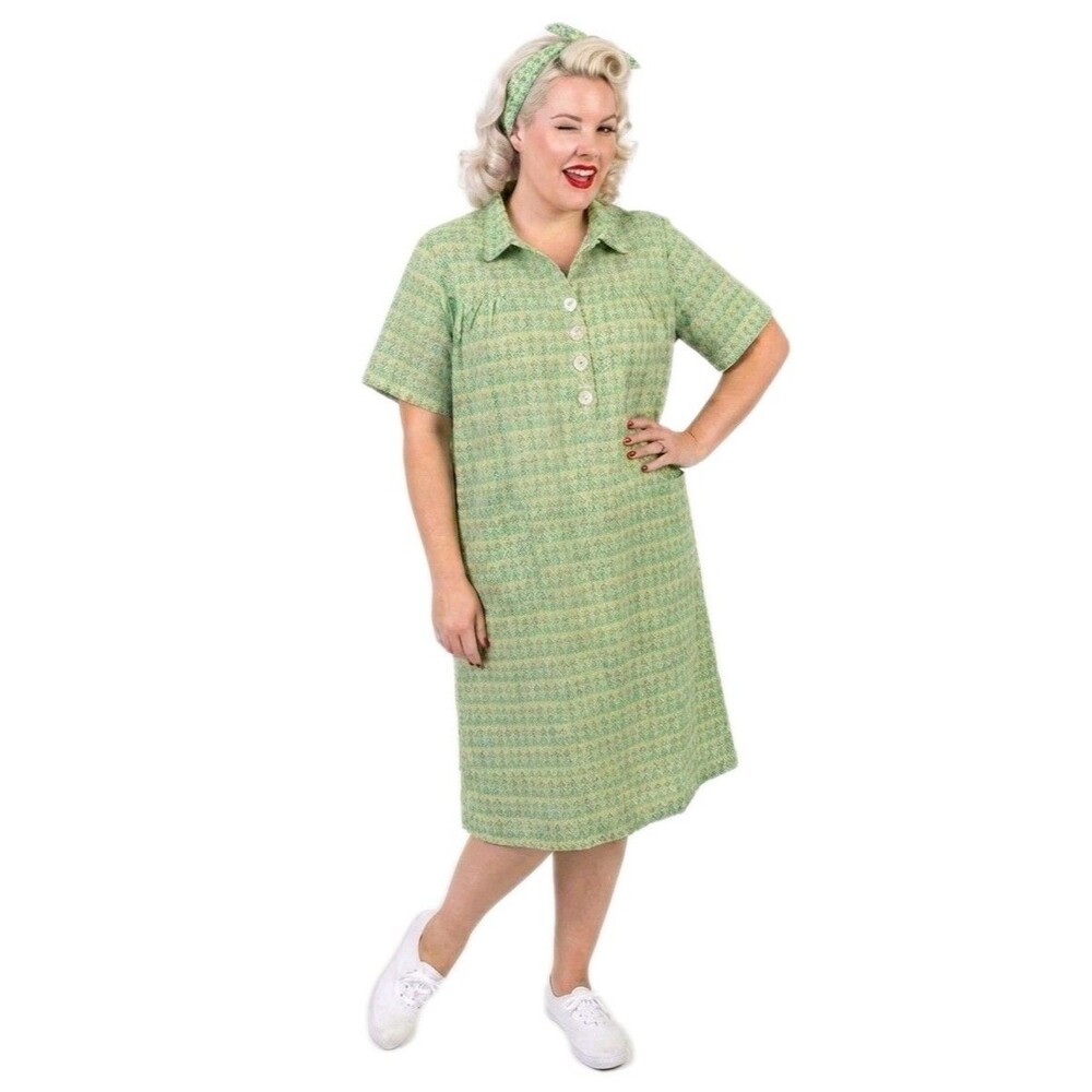 VTG Y2K Does 50s Lemon Lime Blue Plaid Patio House Dress Collar Button Womens 3X